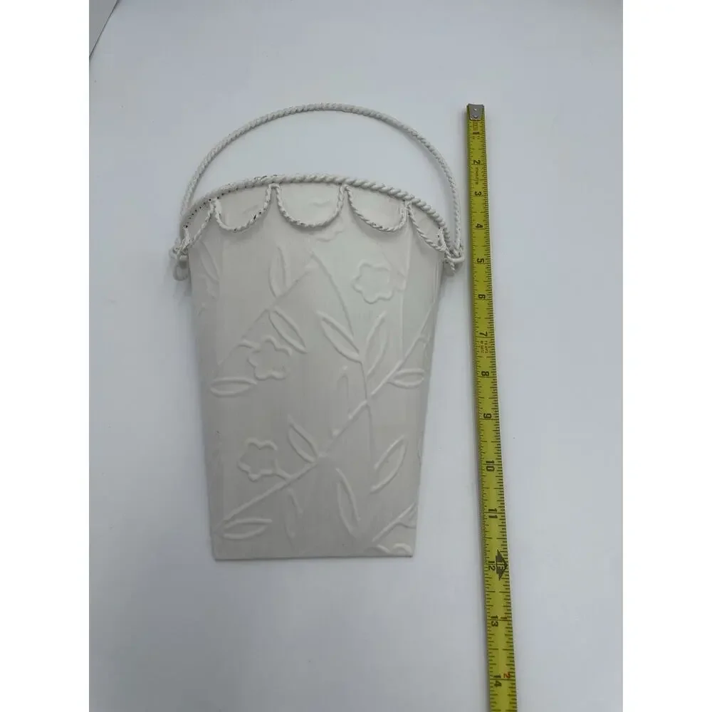 Vintage Style Wall Pocket Hanging Half Bucket Embossed Shabby White Flowers